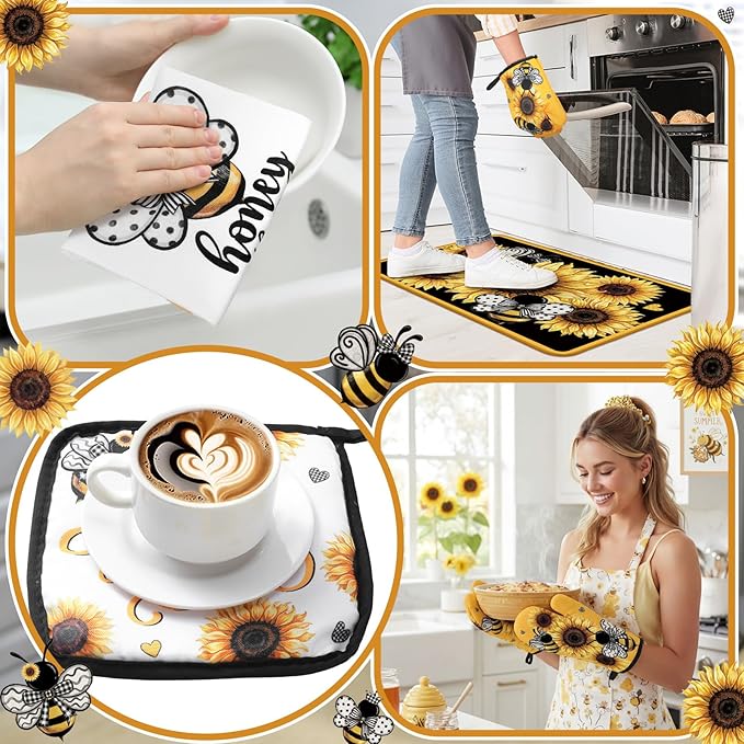 Fourluoo 10 Pcs Sunflower Kitchen Accessory Bee Oven Mitts and Pot Holder Set Retro Black Dish Towel Summer Rugs Mats Farmhouse Kitchen Accessories for Chef Baking Cooking Grilling BBQ Women Home Gift