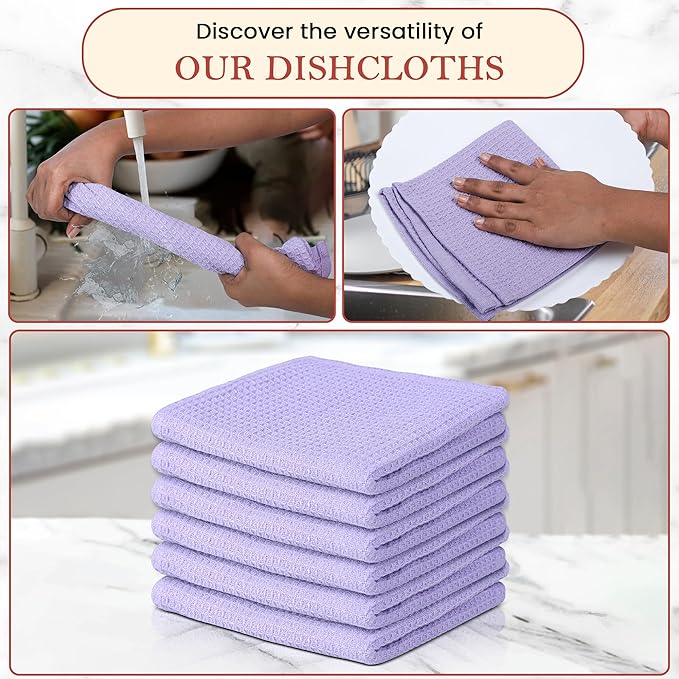 Vintage Vista 100% Cotton Waffle Dish Cloths (Pack of 6) - Dish Rags for Washing Dishes - Reusable & Highly Absorbent Kitchen Towels - Kitchen Rags fo Easter - (12" x 12" - Purple)