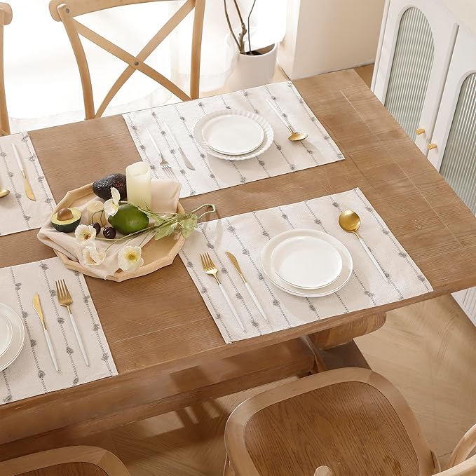 Boho Placemats 13 x 19 Inch Set of 4 for Dining Table Decor Woven Cloth Place Mats for Farmhouse Rustic Kitche Spring Home Decor Cotton Placemats Gray and Beige Table Mats