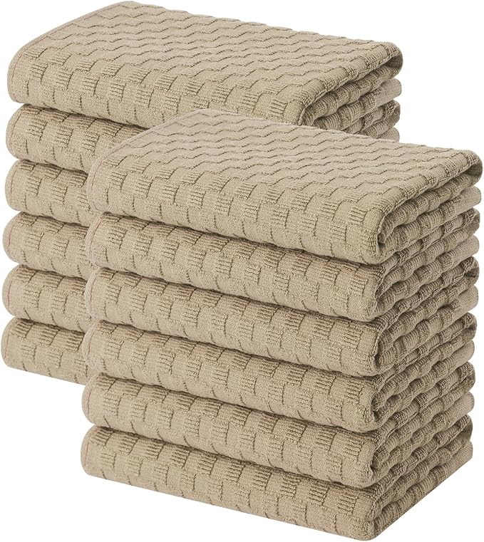 Homaxy 100% Cotton Terry Kitchen Towels(15" x 25", 12 Pack), Soft and Super Absorbent Dish Towels, 380 GSM Reusable Tea Towel with Hanging Loop, Pineapple Grid Designed, Tan