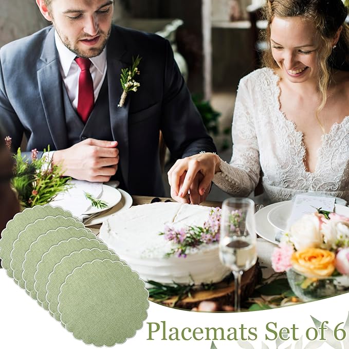 Set of 6 Round Placemats 15 Inch Cotton Scalloped Embroidery Placemat Washable Double Layered Rustic Dinner Table Mat Decor Fabric for Hotel Restaurant Kitchen(Green/White,Classic)