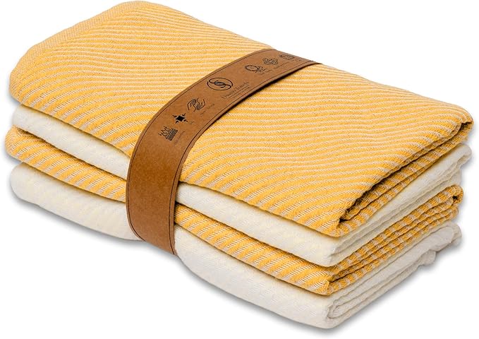 Ossano Kitchen Hand Towels - 4 Pack, (20" x 30") - Soft & Quick Dry - Versatile as, Turkish Kitchen Towels, Cozy Hand Towel, Vintage Kitchen Towels, Dishcloths, Mustard and Ecru