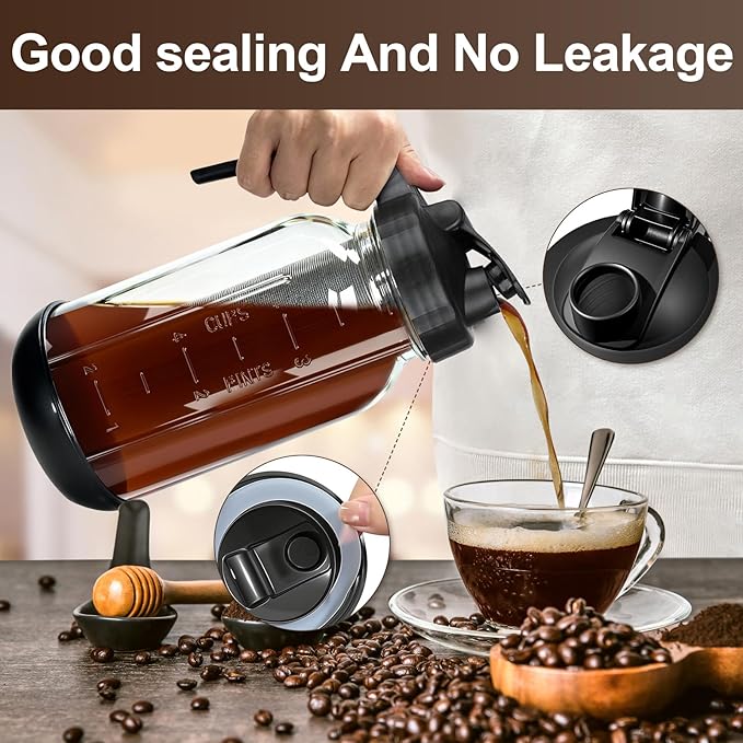 Cold Brew Coffee Maker,64 oz Mason Jar Pour Spout Lid, Coffee Carafe,Refillable Stainless Steel Filter,Non-slip Silicone Sleeve for Glass Pitcher, For Home Baristas & Coffee Enthusiasts