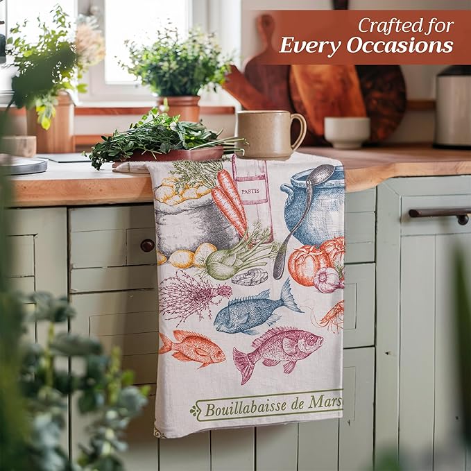 Maison d' Hermine Kitchen Towels Set of 3 100% Cotton 27.50" x 20" Reusable Cloth Tea Dish Towels Absorbent with Hanging Loop for Kitchen Gifts for Mothers Day Spring/Summer (Gastronomie)