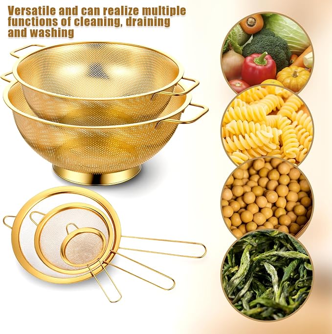 Strainers and Colanders Set, 2 PCS Stainless Steel Colander and 3 PCS Fine Mesh Strainer Gold Metal Pasta Rice Colanders & Food Strainers with Handles for Kitchen, Dishwasher Safe (5 Quart+4 Quart)