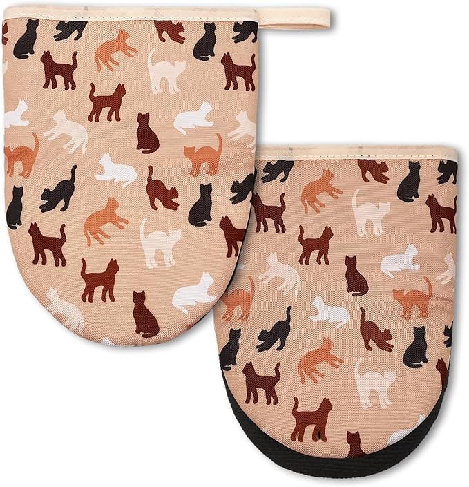 Cute Cat Mini Silicone Oven Mitts 2-Pack Set, Heat Slip Resistant Kitchen Gloves, Soft Short Oven Mittens for Safe Cooking Baking Grilling