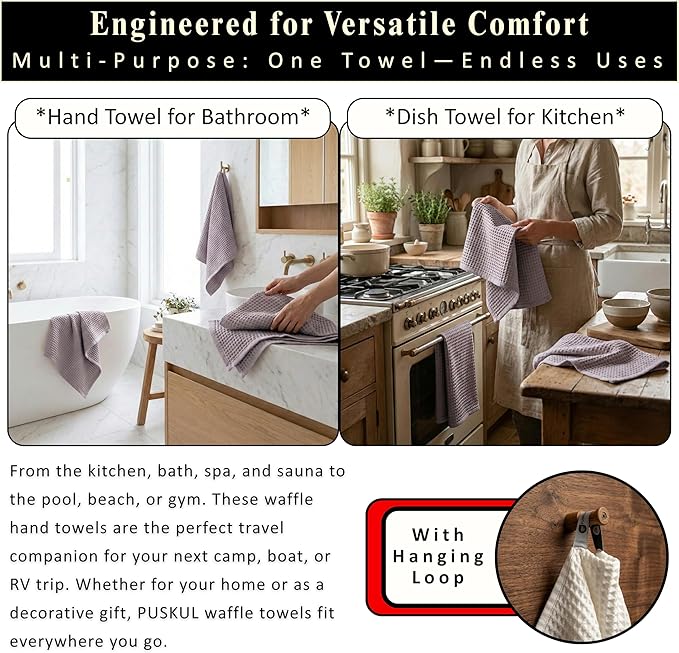 PÜSKÜL Natural 100% Turkish Cotton Waffle Kitchen Towels Set of 3 | Oeko-Tex, Premium Waffle Hand Towels for Bathroom | Soft Absorbent Quick-Dry Lint-Free Dish Towel Large 32x16 inch (3, Gray)