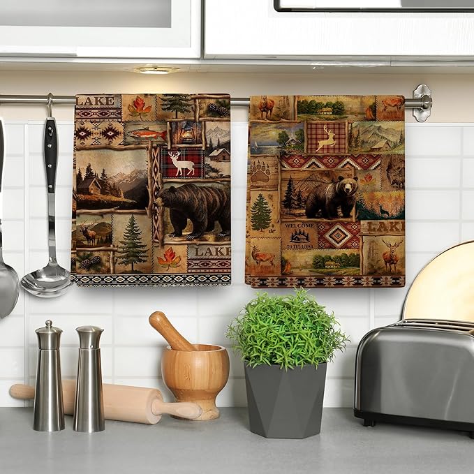 Vintage Rustic Kitchen Towel Set of 4, Lodge Bear Mountain Dish Towels for Kitchen Soft Absorbent Country Cabin Decor Hand Drying Baking Cooking Cloth, Farmhouse Decor 16" x 24"