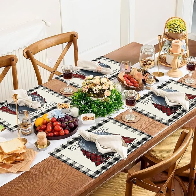 Bloss Christmas Placemats Set of 6,Red and Black Buffalo Plaid Christmas Trees Table Placemats,12x18 Inch Seasonal Winter Xmas Holiday Kitchen Dining Tables Mats for Indoor Outdoor Home Party Decor
