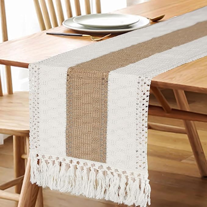 FEXIA Boho Table Runner for Thanksgiving Home Decor with Tassels 36 Inches Long Farmhouse Rustic Table Runner Cream & Brown Macrame for Boho Dining Bedroom Decor Rustic Bridal Shower (12x36 Inches)