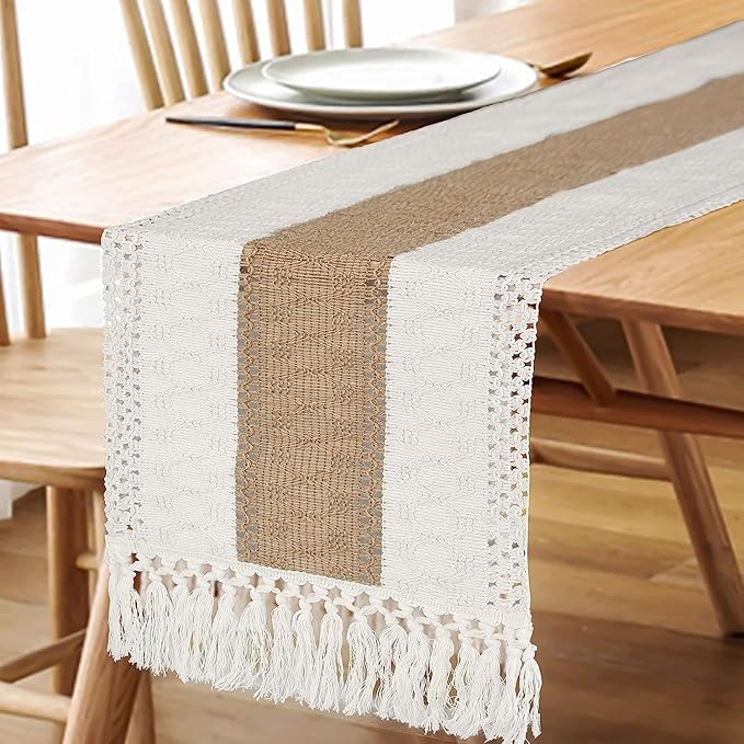 FEXIA Boho Table Runner 108 Inches Long for Christmas ThanksgivingHome Decor Farmhouse Table Runner Cream & Brown Rustic Macrame for Bohemian Dining Bedroom Decor Bridal Shower (12x108 Inches)