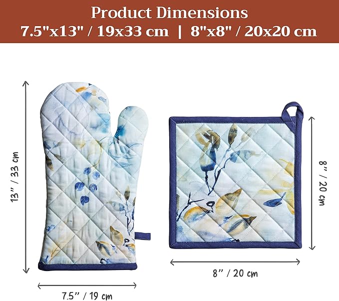 Maison d' Hermine 100% Cotton Oven Mitt & Pot Holder Set (7.5"x13" & 8"x8") Heat Resistant Cooking Gloves with Loop Baking Grilling Kitchen Gifts for Mothers Day Spring/Summer (Lazy Summer Days)