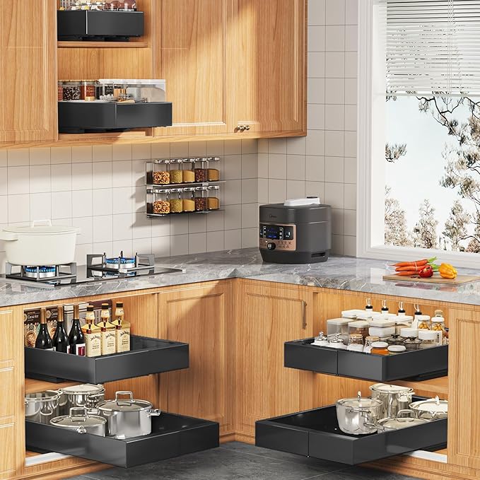 Seinloes 2 Pack Expandable Pull Out Cabinet Organizer 21" Deep with Raising Pad for Framed Cabinets,Upgrade 3 Slide Rails Slide Out Drawers,Roll Out Shelves Adhesive,Adjustable Width 9"-14.1" Black