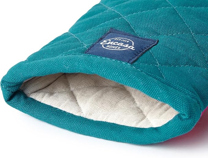 Encasa XO Heat Resistant Cotton Oven Gloves Mitts (2 Pc Set) - Quilted & Safe 12x6.6 in - for Kitchen, Cooking & Baking, Grilling, Handling Hot Pots & Pans - Azul Blue