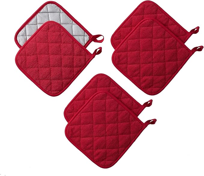 Kitchen Pot Holders Set Heat Resistant Pure Cotton Potholders Kit Trivets Large Coasters Hot Pads Terry Pot Holders for Everyday Cooking and Baking by 7 x 7 Inch Set of 6 Red