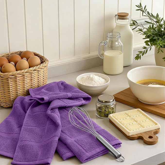 Homaxy Premium Kitchen Towels 18"x28", 4 Pack Large Cotton 380 GSM Dish Towels, Soft and Absorbent Kitchen Hand Towels with Terry Grid Design, Utility Tea Towel Set with Hanging Loop, Purple