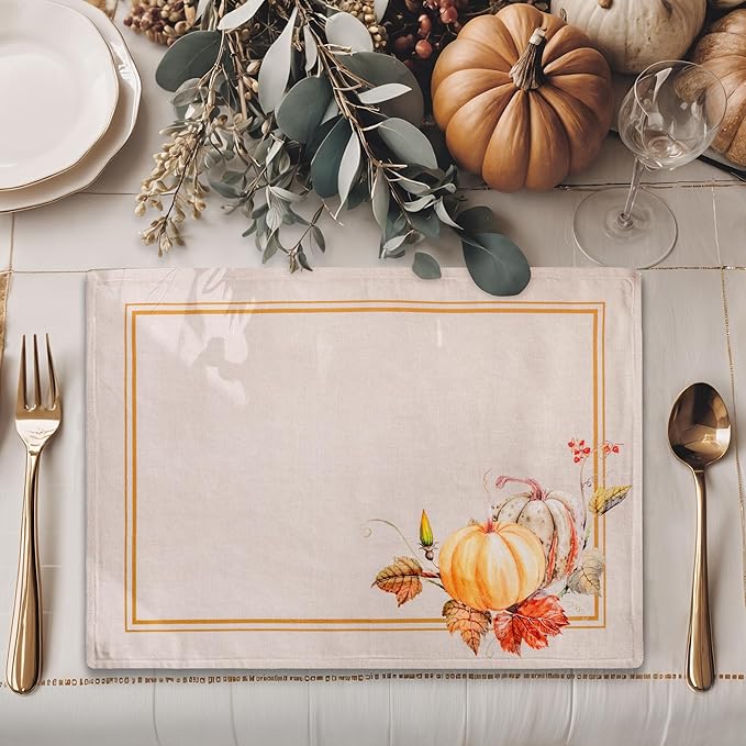 Maison d' Hermine Placemats Set of 4 100% Cotton Washable Cloth Place Mats, Reusable Table Mats for Thanksgiving Christmas Decorations Kitchen Dining Party Wedding Restaurant (Potiron, 13" x 19")