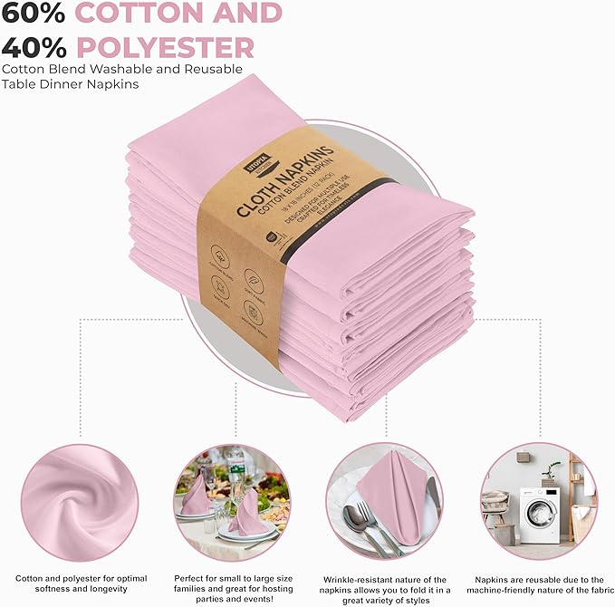 Utopia Kitchen Pink Cloth Napkins [12 Pack, 18x18 Inch] Absorbent Cotton Blend Washable and Reusable for Dinner, Restaurant, Lunch, Wedding and Hotel