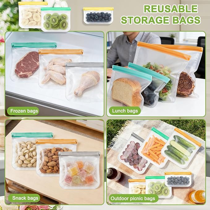 24 Pack Silicone Bags for Food Storage,Reusable Silicone Food Storage Bags,Freezer, Microwave & Dishwasher Safe,Reusable Freezer Food Bags, Leakproof-8 Gallon 8 Snack 8 Sandwich Bags,Grey