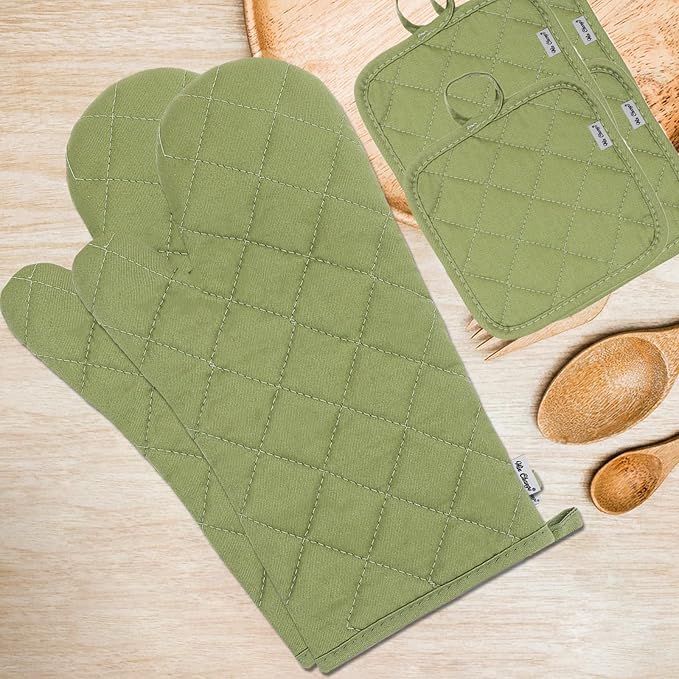 Oven Mitts and Pot Holders Sets,6 Pcs Oven Mitts and Potholders with Recycled Cotton High Heat Resistant Extra Thick Long Oven Mitts for Cooking(Green)