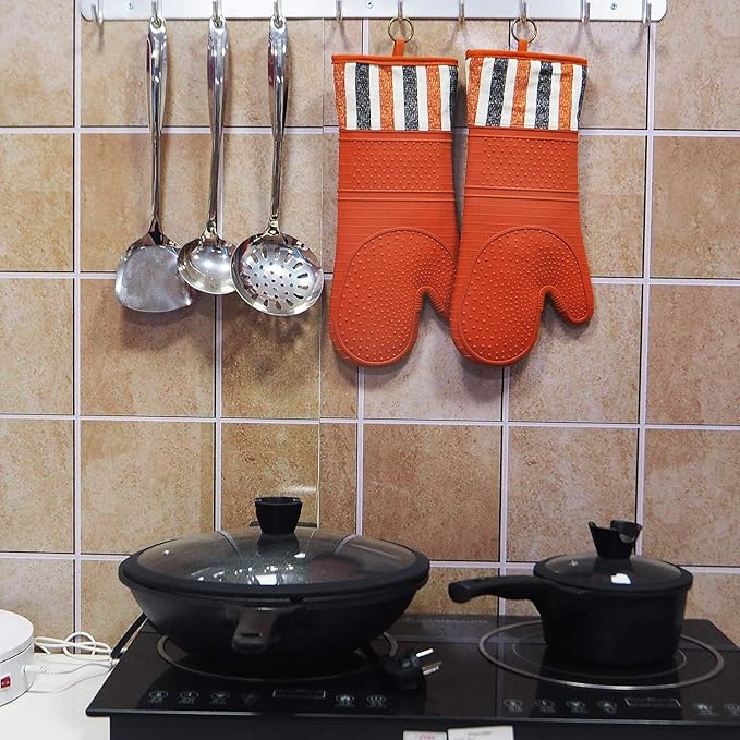 RED LMLDETA Heat Resistant 550 Degree Oven mitt, Silicone Oven Hot Mitts - 1 Pair, Extra Long Professional Baking Oven Gloves - Food Safe,Pot Holders Cooking,Grilling,Kitchen (Tangerine Mittens)