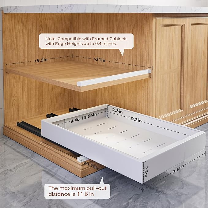 Seinloes 2 Pack Pull Out Cabinet Organizers 21" Deep With Raising Pad for Framed Cabinets, Expandable Width (9"-14") Slide Out Drawers Upgrade 3 Slide Rails, Roll Out Shelves Adhesive, White