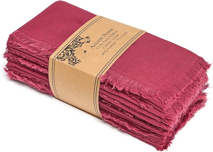 ACCENTHOME Burgundy Cotton Linen Napkin Set of 12 18x18 inch Dinner Napkins - Washable Soft Premium Hotel Quality Reusable Hemmed Edges Napkins Perfect Table Linens for Family Dinners, Weddings