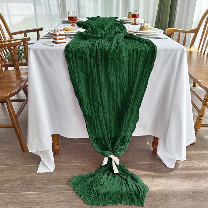 IVAPUPU 4 Pcs Cheesecloth Table Runner - 10ft Emerald Green Boho Gauze Cheese Cloth Table Runners for Baby Shower Decorations Wedding Party Summer Garden Decor