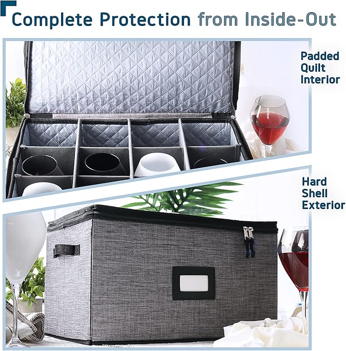 Wine Glass Storage Box with Dividers, 2 Pack Stackable Stemware Storage Cases, Service of 24 Glassware Storage Containers, Quilted China Storage Containers for Moving and Seasonal Storage, Grey