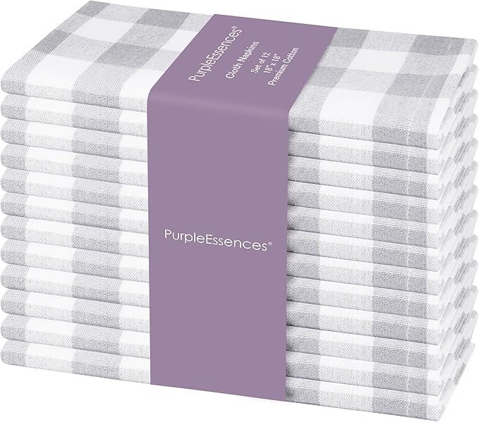 PurpleEssences Buffalo Plaid Cloth Napkins - Mitered Corners - Spring Easter Summer - Gingham Check Dinner Napkin - Set of 12-100% Cotton - 18x18 Inch - Reusable Washable - Grey and White