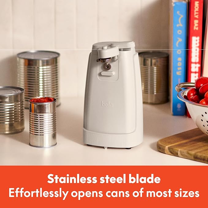 bella Electric Can Opener and Knife Sharpener, Removable Cutting Lever, Cord Storage, Stainless Steel Blade, Oatmilk
