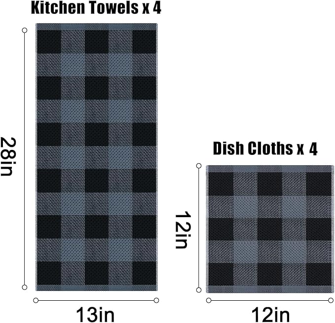 Homaxy Kitchen Towels and Dishcloths Set, 12 x 12 and 13 x 28 Inches, Set of 10 100% Cotton Waffle Weave Check Plaid Kitchen Dish Towels, Super Soft and Absorbent Dish Cloths, Black & Grey