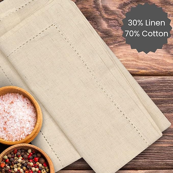 Cotton Clinic 12 Pack Hemstitch Cloth Dinner Napkins Oversized 20x20, Linen Cotton Fabric Tailored with Mitered Corner - Cocktail Napkins, Wedding Dinner Napkins Natural