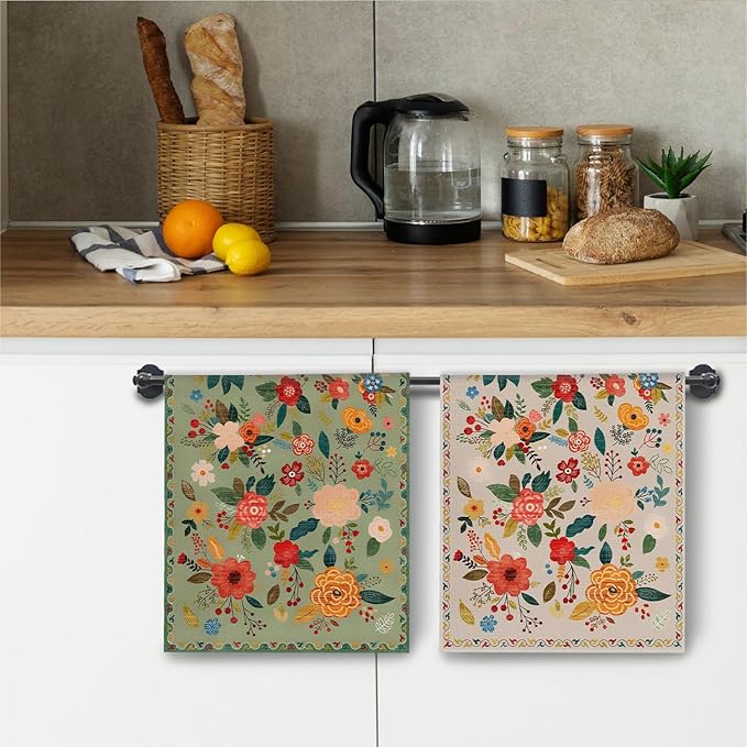 Vintage Boho Floral Kitchen Towels, Retro Colorful Flower Dish Tea Towels Drying Cloth for Kitchen, Boho Wildflower Green and Beige Decorative Hand Towels for Bathroom, 16x24 Inch Set of 2