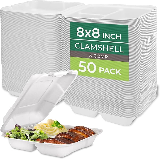 Freshware Clamshell Food Containers with Lids [8x8"] 3-Compartment 50-Pack, Disposable To Go Containers, Biodegradable Sugarcane To Go Boxes - Paper Containers - Microwave & Freezer Safe, Stackable