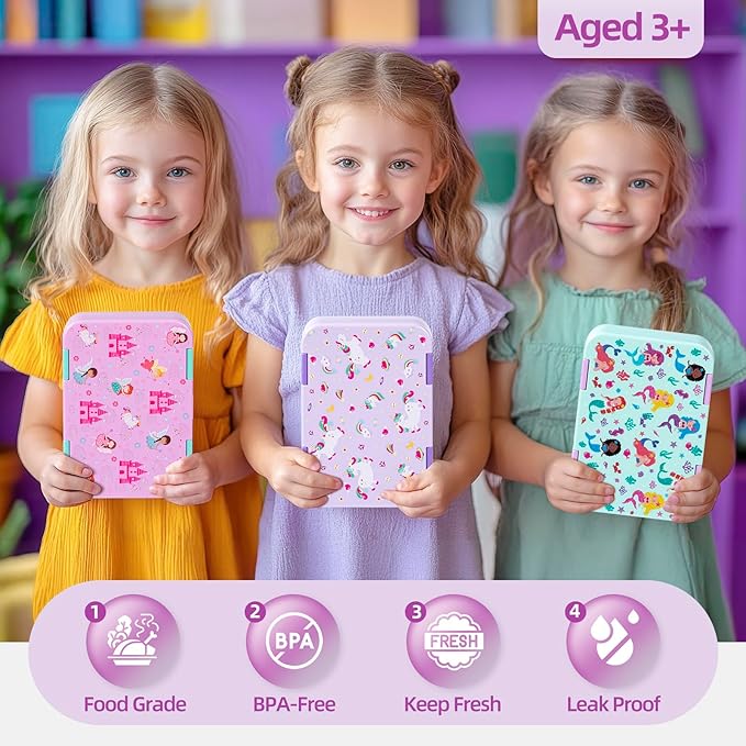 Bento Lunch Box for Kids, 6 Compartments BPA Free, Dishwasher Safe Back to School Snack Bento Lunch Containers Boxes, Ideal Portion Sizes for On-the-Go Meal, Ages 3+, School, Green Patterned