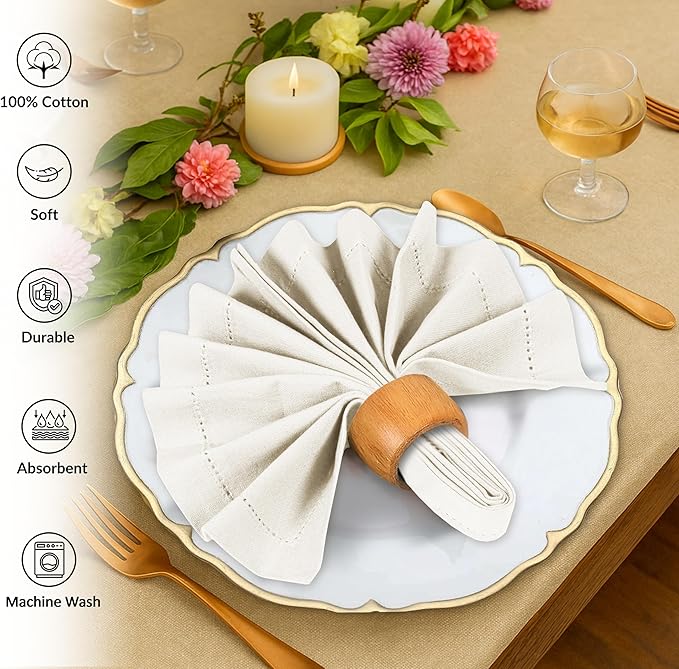 Ruvanti Cloth Napkins Set of 12, 100% Cotton High GSM 18x18 Inches, Hem Stitched Corners, Soft, Washable, Durable & Absorbent, Perfect for Parties, Christmas, Thanksgiving Dinners – Antique White