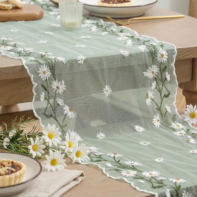 Artoid Mode Daisy Floral Sage Green Shaped Gauze Embroidery Table Runner 120 Inch 10FT, Tulle Spring Summer Kitchen Dining Table Decor for Home Party