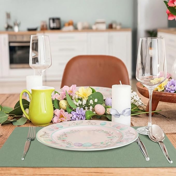 MANSPHIL Sage Green Fabric Placemats Set of 4 - Washable Thick Faux Linen Table Place Mats Wrinkle Free Dining Kitchen Easter Decor - 13x19 Inch Oeko Tex Placemat