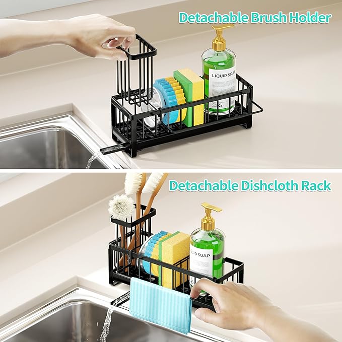 HapiRm Sponge Holder for Kitchen Sink - Self-draining Sink Caddy with Brush and Dishcloth Holders, Stainless Steel Kitchen Organizer for Countertop - Black