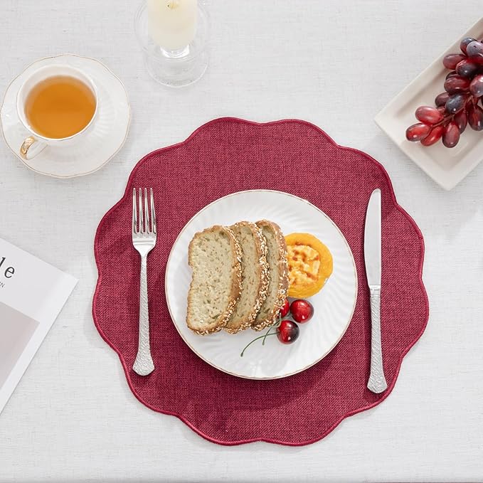 SHACOS Scalloped Round Placemats Set of 6 Polyester Linen Blend 15 inch Washable Non Slip Place Mats Easy Clean Heat Resistant Table Mats for Kitchen Dining Table Decor, Red