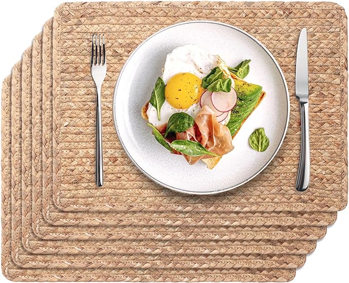 Woven Placemats Set of 6, 17" x 12" Rattan Table Mats, Natural Water Hyacinth Chargers for Dinner Plates, Wicker Placemats for Dining Table, Home, Wedding