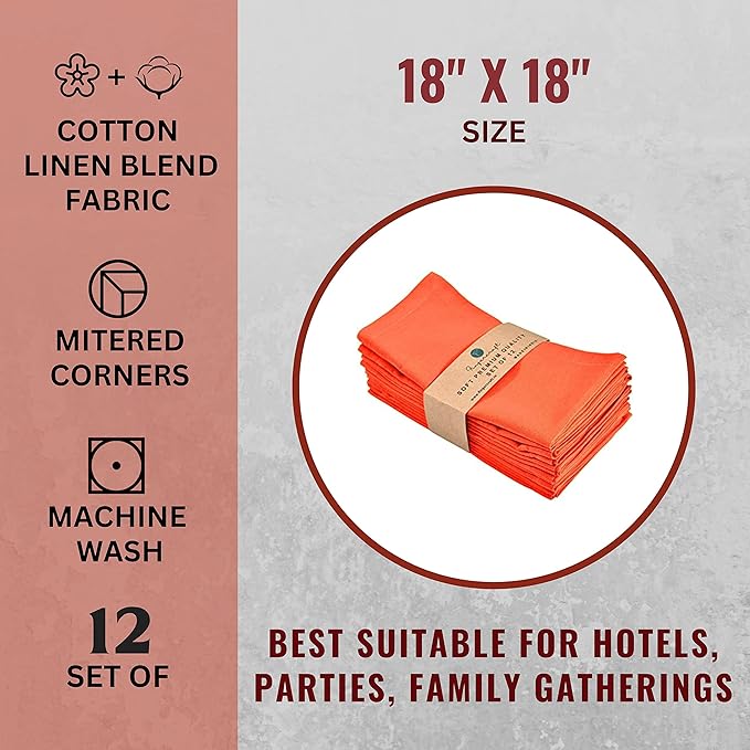 Fingercraft Dinner Cloth Napkins in Cotton Linen Blend Fabric 12 Pack, Premium Quality, Mitered Corners for Every Day Use Napkins are Pre Shrunk and Good Absorbency Easter Special Color Orange