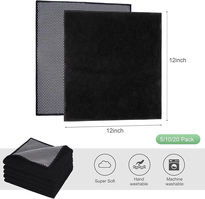 SINLAND Microfiber Dish Cloth Kitchen Cleaning Dish Towel Absorbent Fast Dry Streak Free Cleaning Cloths Poly Scour Side for House, Kitchen 12 Inch x 12 Inch 20 Pack Black