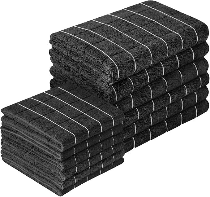 Puomue Microfiber Kitchen Towels and Dishcloths Set, 26 X 18 Inch and 12 X 12 Inch, Set of 12 Bulk Lint Free Dish Towels for Drying Dishes, Black