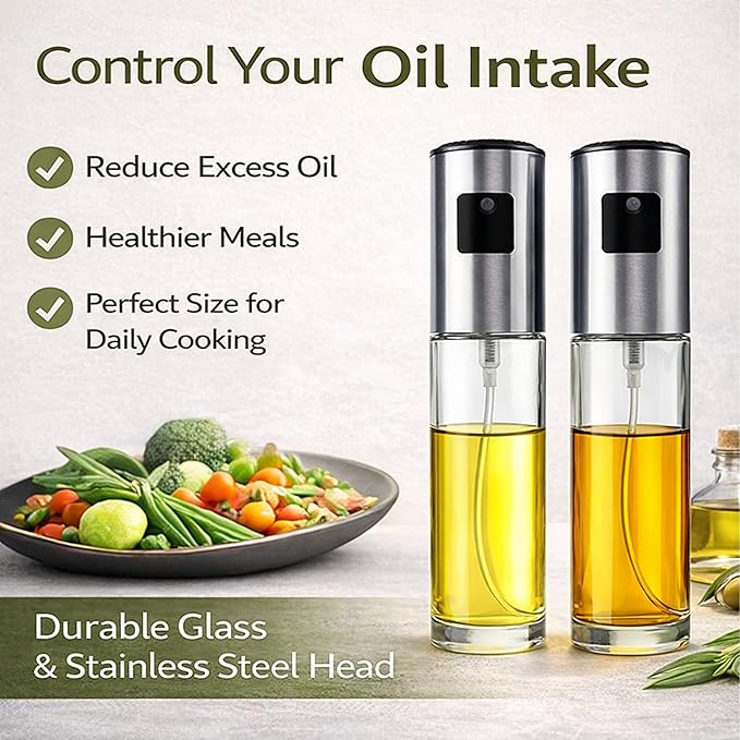 Oil Sprayer Bottle 2 Pack 100ml, Glass Olive Oil Mister with Stainless Steel Head, Fine Mist Cooking Spray for Air Fryer, Salad, Grilling & Baking