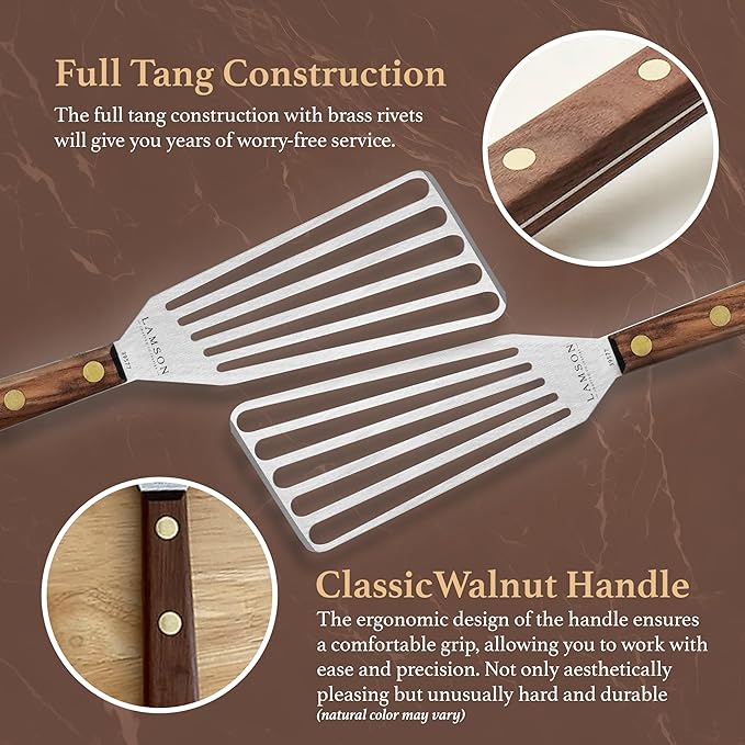 Lamson Metal Spatula Slotted Turner - 3' x 6" Stainless Flipper with Walnut Handle, Right-Hand - Chef's Frying Fish Turner, Metal Grilling Spatula