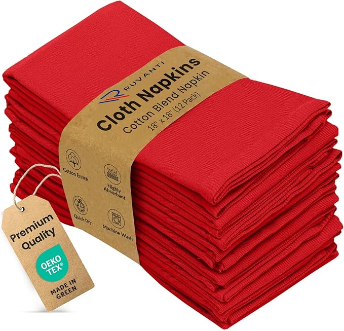 Ruvanti Cloth Napkins Set of 12, 18x18 Inches Napkins Cloth Washable, Soft, Durable, Absorbent, Cotton Blend. Table Dinner Napkins Cloth for Hotel, Weddings, Dinner, Christmas Parties - Red