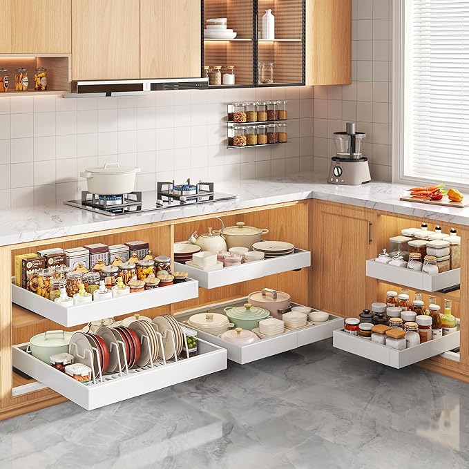 Seinloes 4Pack Expandable Pull Out Cabinet Organizer 21"Deep with Raising Pad for Framed Cabinets,Slide Out Drawers with 4pcs Divider Racks,Roll Out Shelves Adhesive,Adjustable Width 12.05"-20.4"White
