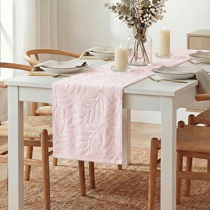 Artoid Mode Pink Soft Cotton Jacquard Leaves Spring Table Runner, Holiday Kitchen Dining Table Decoration for Home Party Decor 13x72 Inch
